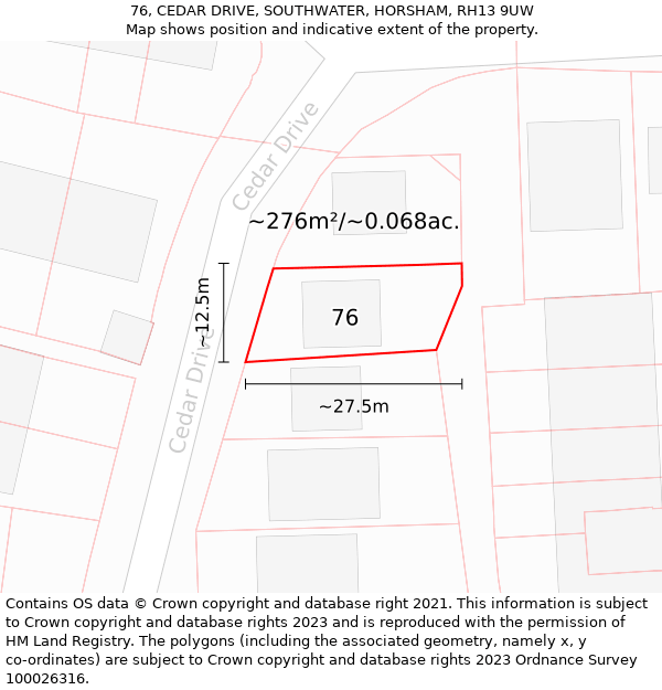 76, CEDAR DRIVE, SOUTHWATER, HORSHAM, RH13 9UW: Plot and title map