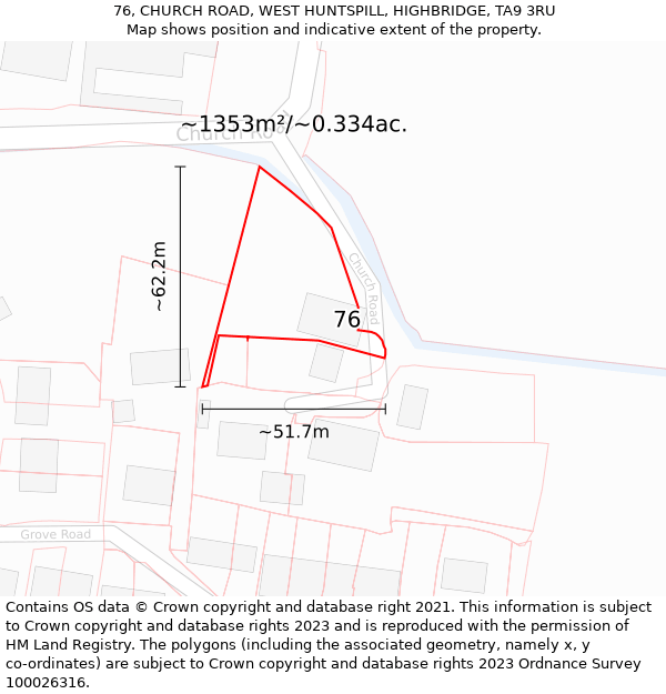 76, CHURCH ROAD, WEST HUNTSPILL, HIGHBRIDGE, TA9 3RU: Plot and title map