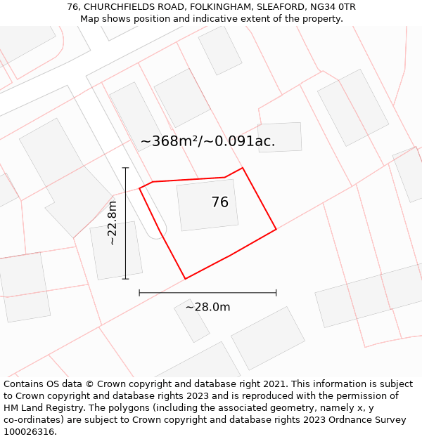 76, CHURCHFIELDS ROAD, FOLKINGHAM, SLEAFORD, NG34 0TR: Plot and title map