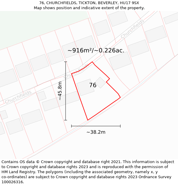 76, CHURCHFIELDS, TICKTON, BEVERLEY, HU17 9SX: Plot and title map