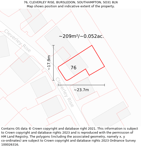 76, CLEVERLEY RISE, BURSLEDON, SOUTHAMPTON, SO31 8LN: Plot and title map