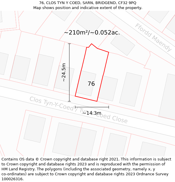 76, CLOS TYN Y COED, SARN, BRIDGEND, CF32 9PQ: Plot and title map