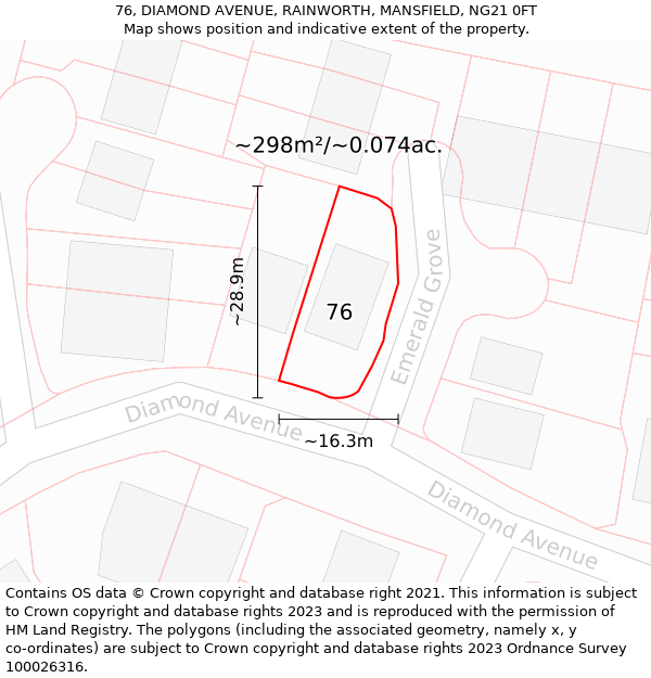 76, DIAMOND AVENUE, RAINWORTH, MANSFIELD, NG21 0FT: Plot and title map