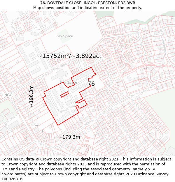 76, DOVEDALE CLOSE, INGOL, PRESTON, PR2 3WR: Plot and title map
