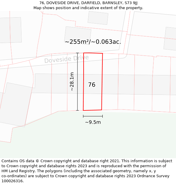 76, DOVESIDE DRIVE, DARFIELD, BARNSLEY, S73 9JJ: Plot and title map