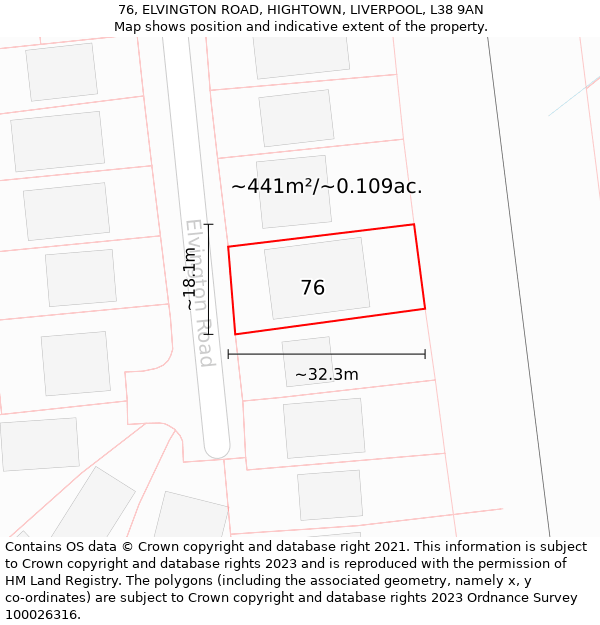 76, ELVINGTON ROAD, HIGHTOWN, LIVERPOOL, L38 9AN: Plot and title map