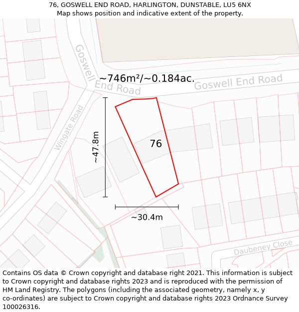 76, GOSWELL END ROAD, HARLINGTON, DUNSTABLE, LU5 6NX: Plot and title map