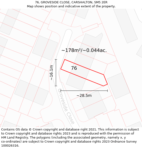 76, GROVESIDE CLOSE, CARSHALTON, SM5 2ER: Plot and title map