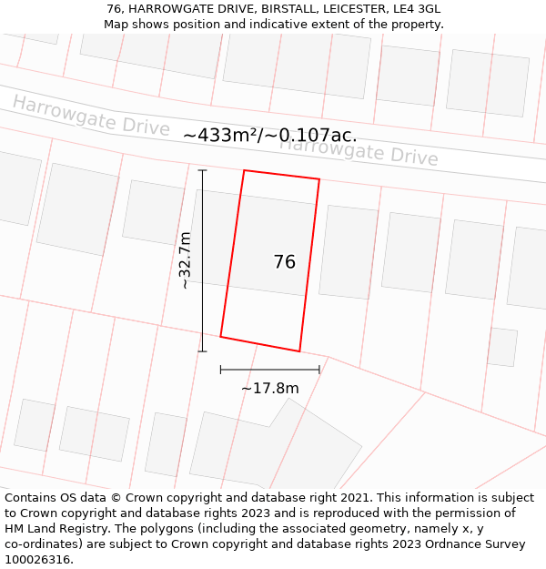 76, HARROWGATE DRIVE, BIRSTALL, LEICESTER, LE4 3GL: Plot and title map