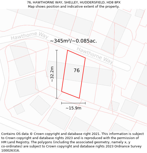 76, HAWTHORNE WAY, SHELLEY, HUDDERSFIELD, HD8 8PX: Plot and title map