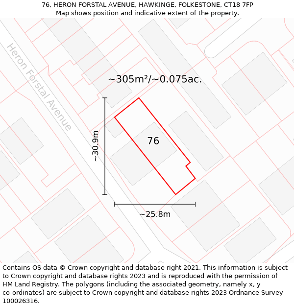 76, HERON FORSTAL AVENUE, HAWKINGE, FOLKESTONE, CT18 7FP: Plot and title map