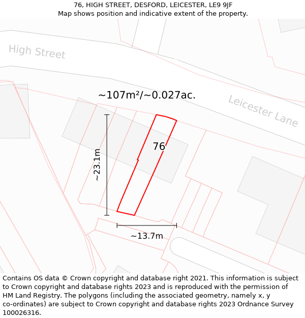 76, HIGH STREET, DESFORD, LEICESTER, LE9 9JF: Plot and title map