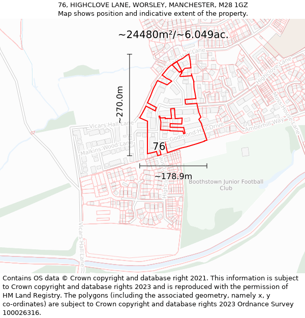 76, HIGHCLOVE LANE, WORSLEY, MANCHESTER, M28 1GZ: Plot and title map