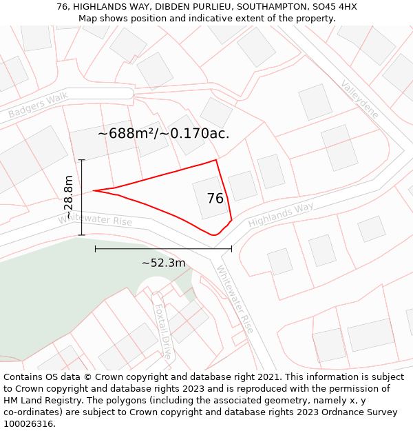 76, HIGHLANDS WAY, DIBDEN PURLIEU, SOUTHAMPTON, SO45 4HX: Plot and title map