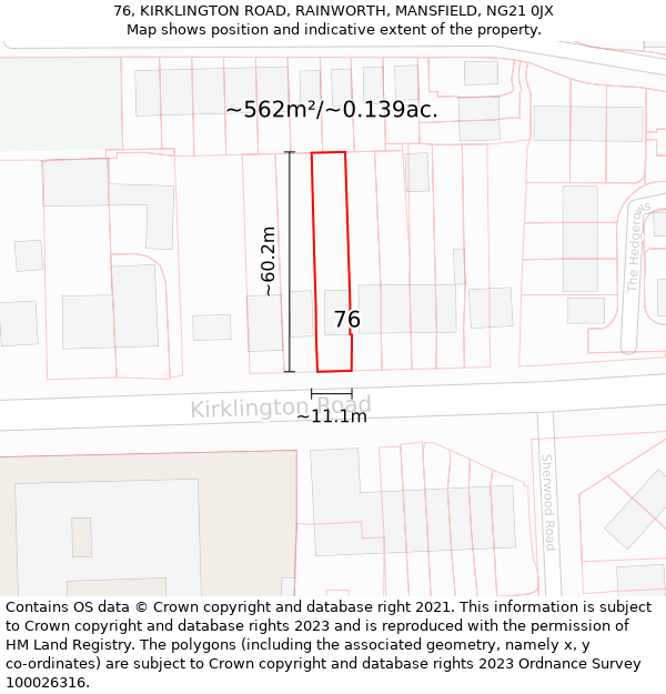 76, KIRKLINGTON ROAD, RAINWORTH, MANSFIELD, NG21 0JX: Plot and title map