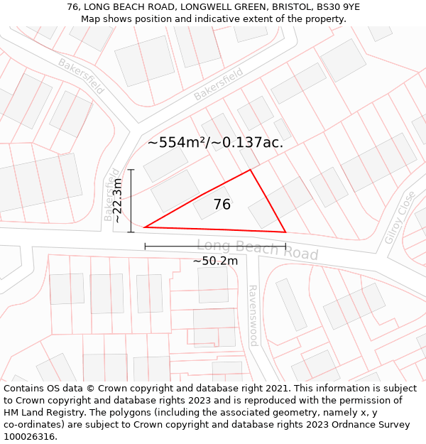 76, LONG BEACH ROAD, LONGWELL GREEN, BRISTOL, BS30 9YE: Plot and title map