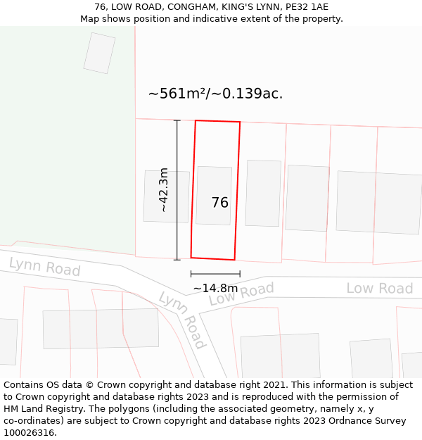 76, LOW ROAD, CONGHAM, KING'S LYNN, PE32 1AE: Plot and title map