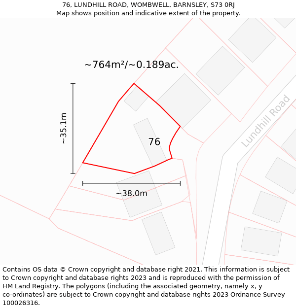 76, LUNDHILL ROAD, WOMBWELL, BARNSLEY, S73 0RJ: Plot and title map