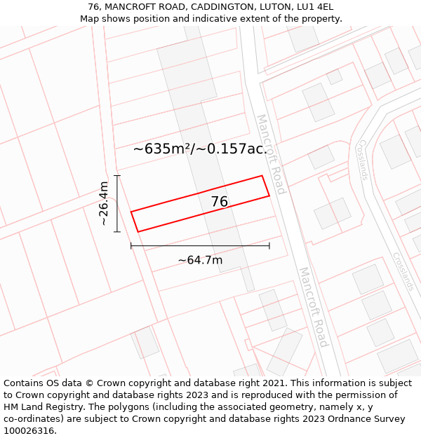 76, MANCROFT ROAD, CADDINGTON, LUTON, LU1 4EL: Plot and title map