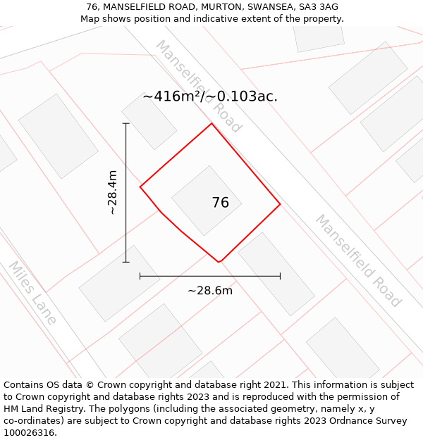 76, MANSELFIELD ROAD, MURTON, SWANSEA, SA3 3AG: Plot and title map