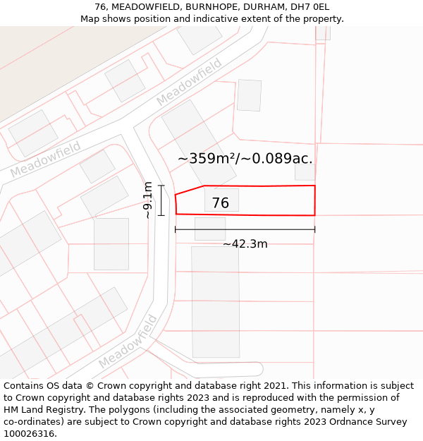 76, MEADOWFIELD, BURNHOPE, DURHAM, DH7 0EL: Plot and title map