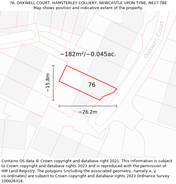 76, OAKWELL COURT, HAMSTERLEY COLLIERY, NEWCASTLE UPON TYNE, NE17 7BE: Plot and title map