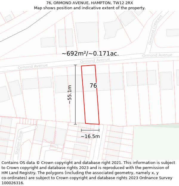 76, ORMOND AVENUE, HAMPTON, TW12 2RX: Plot and title map