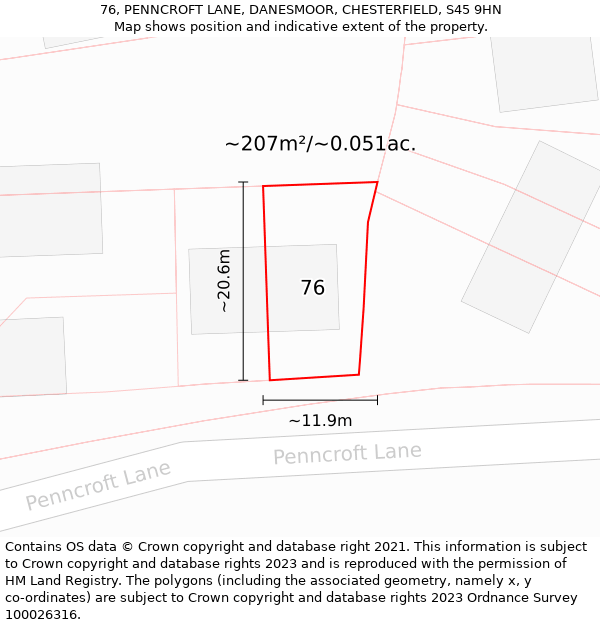 76, PENNCROFT LANE, DANESMOOR, CHESTERFIELD, S45 9HN: Plot and title map