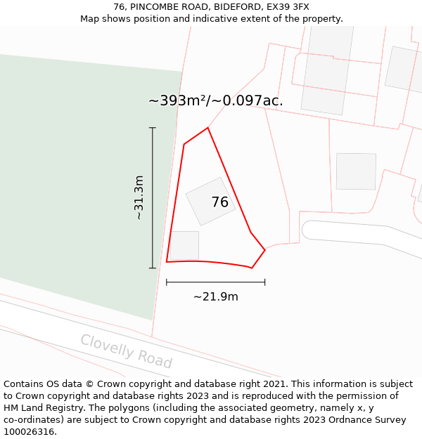 76, PINCOMBE ROAD, BIDEFORD, EX39 3FX: Plot and title map