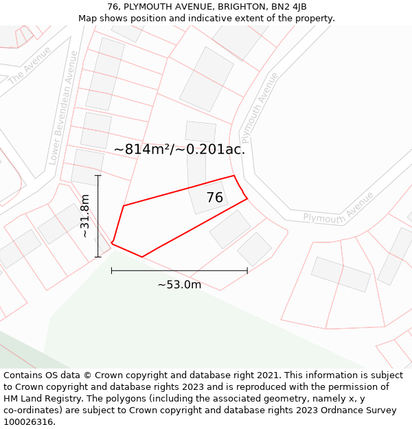 76, PLYMOUTH AVENUE, BRIGHTON, BN2 4JB: Plot and title map