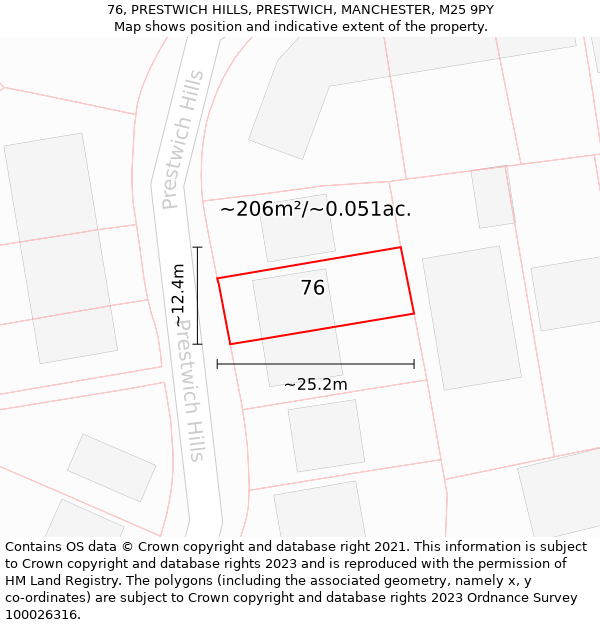 76, PRESTWICH HILLS, PRESTWICH, MANCHESTER, M25 9PY: Plot and title map