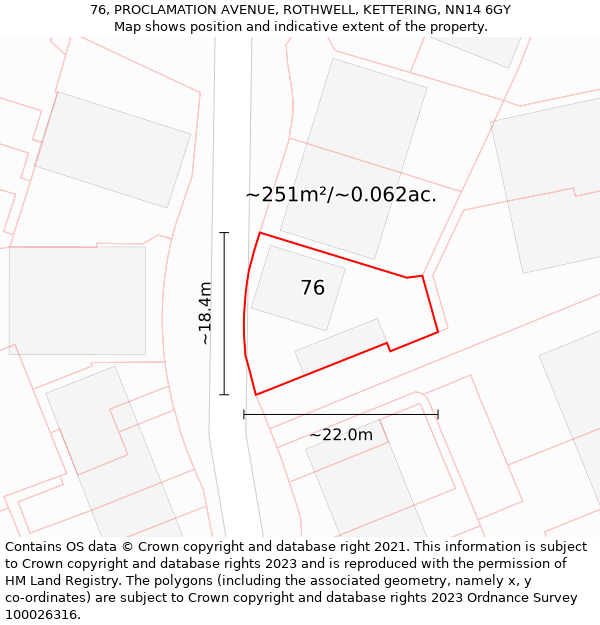 76, PROCLAMATION AVENUE, ROTHWELL, KETTERING, NN14 6GY: Plot and title map