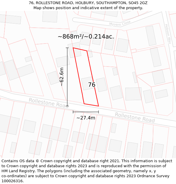 76, ROLLESTONE ROAD, HOLBURY, SOUTHAMPTON, SO45 2GZ: Plot and title map