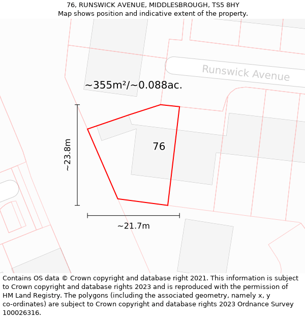 76, RUNSWICK AVENUE, MIDDLESBROUGH, TS5 8HY: Plot and title map