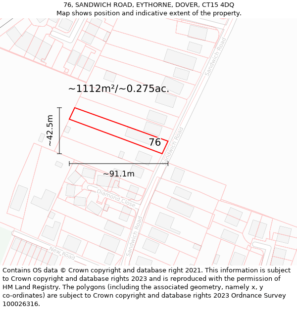 76, SANDWICH ROAD, EYTHORNE, DOVER, CT15 4DQ: Plot and title map