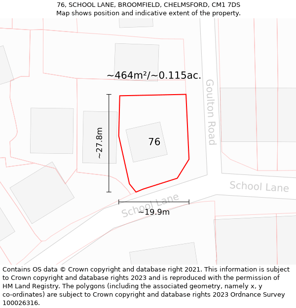 76, SCHOOL LANE, BROOMFIELD, CHELMSFORD, CM1 7DS: Plot and title map