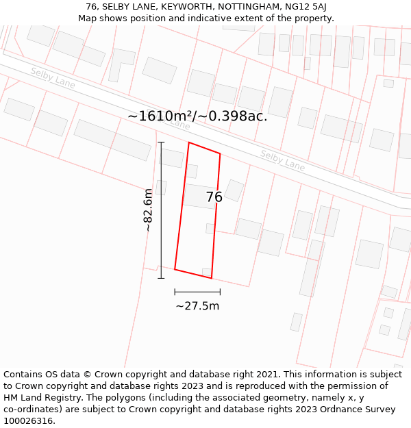 76, SELBY LANE, KEYWORTH, NOTTINGHAM, NG12 5AJ: Plot and title map