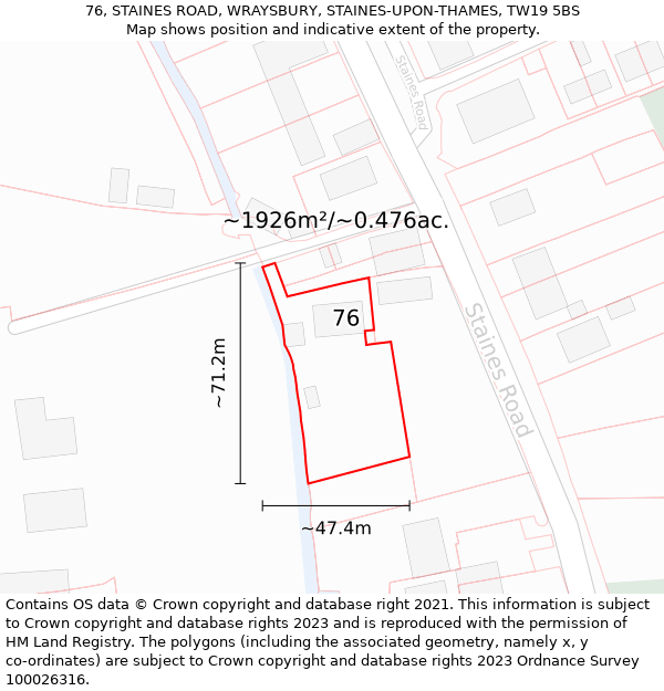 76, STAINES ROAD, WRAYSBURY, STAINES-UPON-THAMES, TW19 5BS: Plot and title map