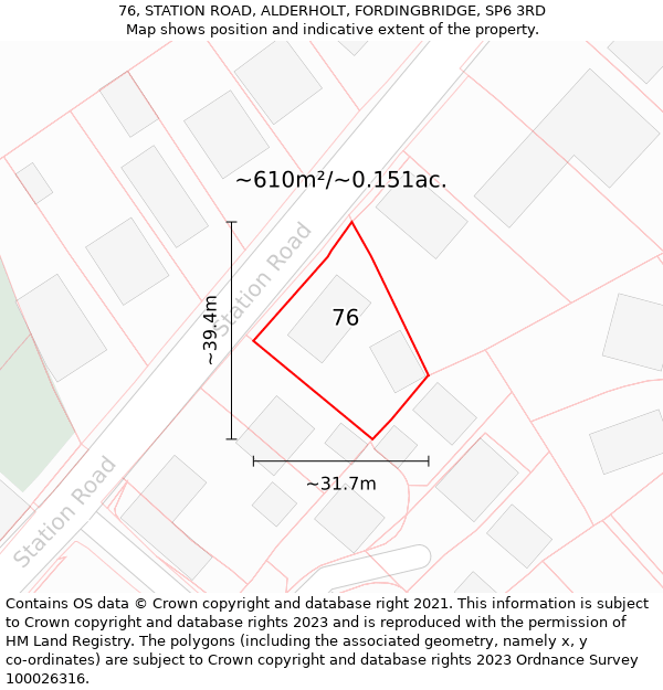 76, STATION ROAD, ALDERHOLT, FORDINGBRIDGE, SP6 3RD: Plot and title map