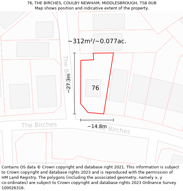 76, THE BIRCHES, COULBY NEWHAM, MIDDLESBROUGH, TS8 0UB: Plot and title map