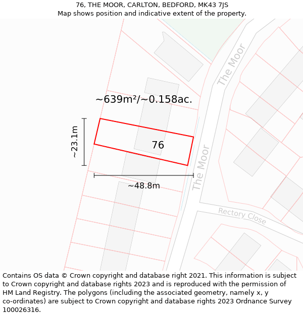 76, THE MOOR, CARLTON, BEDFORD, MK43 7JS: Plot and title map