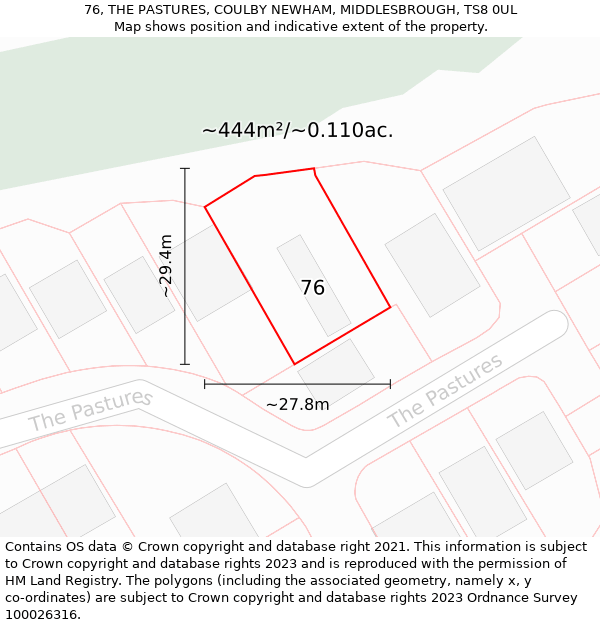 76, THE PASTURES, COULBY NEWHAM, MIDDLESBROUGH, TS8 0UL: Plot and title map