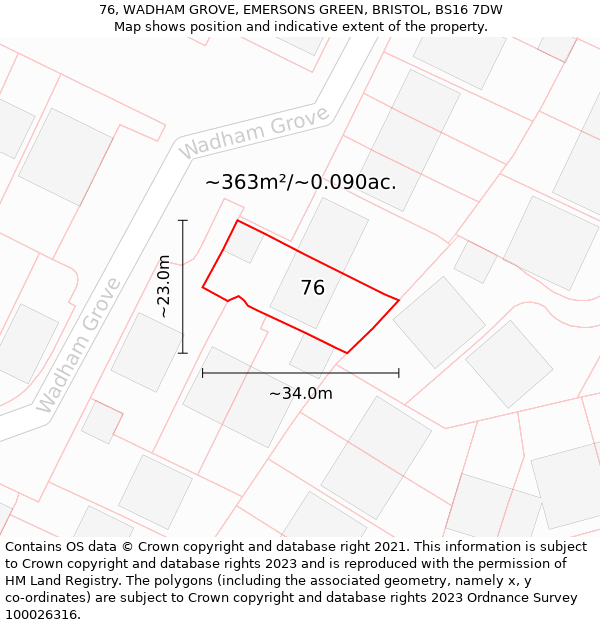 76, WADHAM GROVE, EMERSONS GREEN, BRISTOL, BS16 7DW: Plot and title map