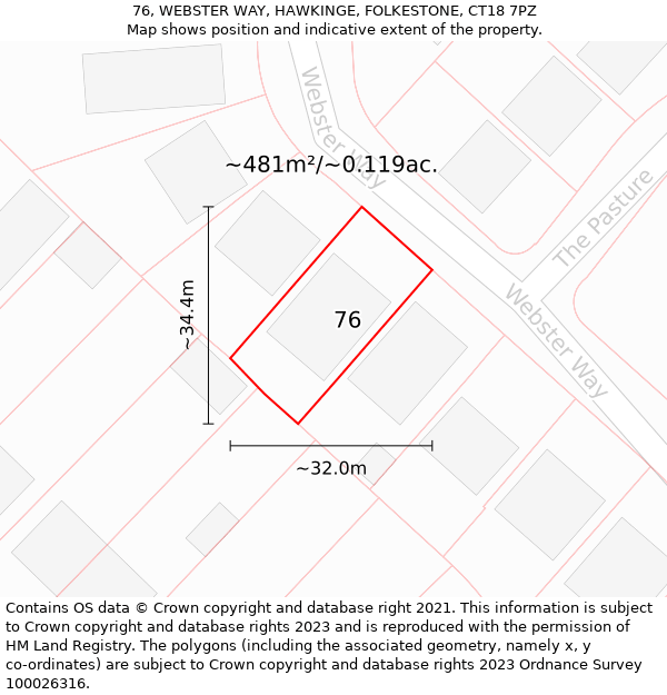 76, WEBSTER WAY, HAWKINGE, FOLKESTONE, CT18 7PZ: Plot and title map