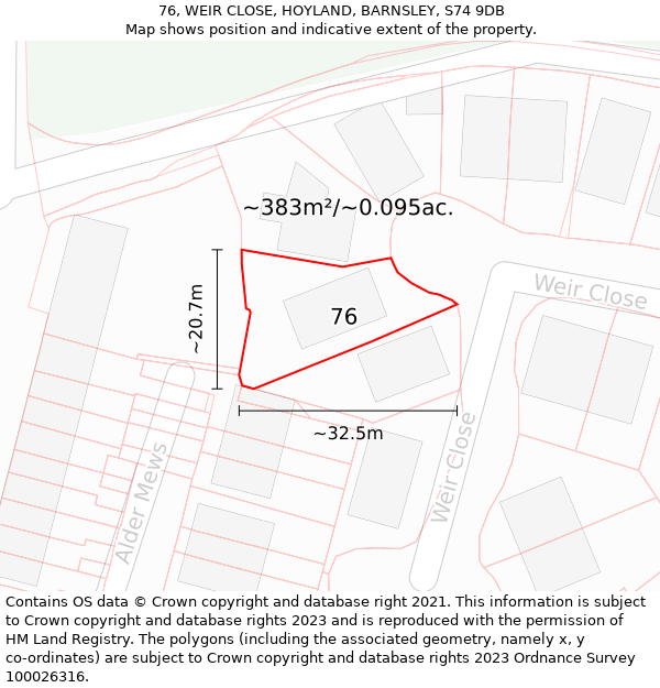 76, WEIR CLOSE, HOYLAND, BARNSLEY, S74 9DB: Plot and title map