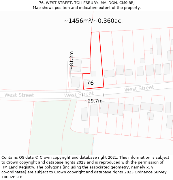 76, WEST STREET, TOLLESBURY, MALDON, CM9 8RJ: Plot and title map