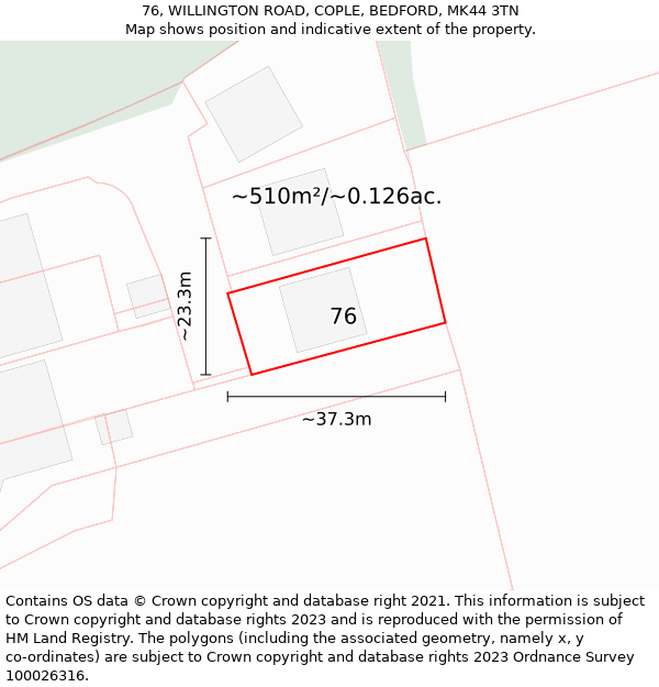 76, WILLINGTON ROAD, COPLE, BEDFORD, MK44 3TN: Plot and title map