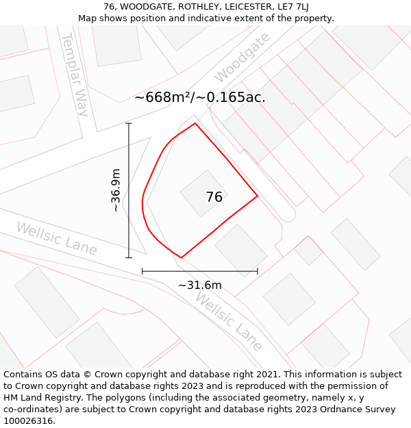 76, WOODGATE, ROTHLEY, LEICESTER, LE7 7LJ: Plot and title map