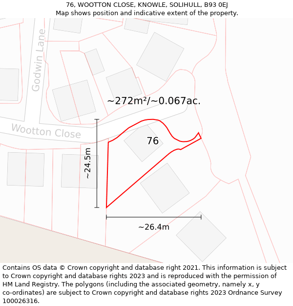 76, WOOTTON CLOSE, KNOWLE, SOLIHULL, B93 0EJ: Plot and title map