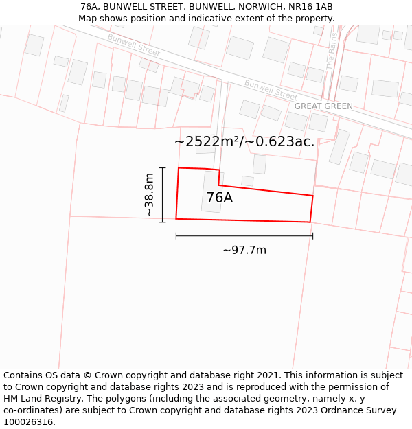 76A, BUNWELL STREET, BUNWELL, NORWICH, NR16 1AB: Plot and title map